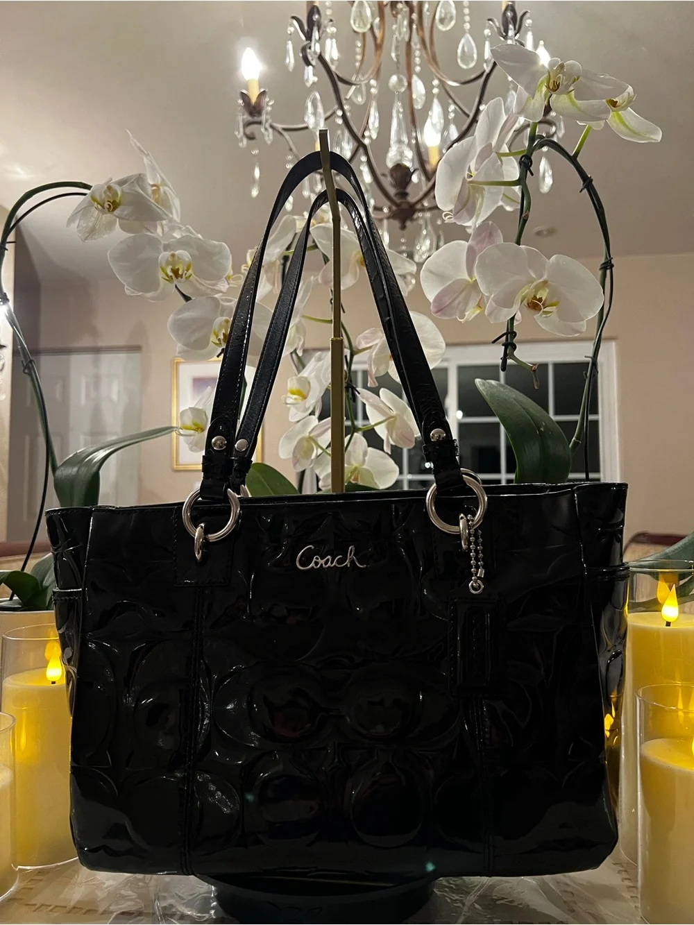 Coach Black Patent Embossed Signature Tote | Glossy Shoulder Bag Silver Hardware